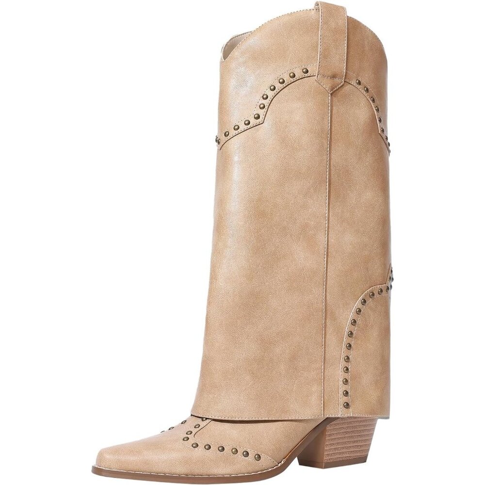 Women's Beige Shark Boots Fold Over Mid Calf Chunky Heel Snip Toe Cowboy